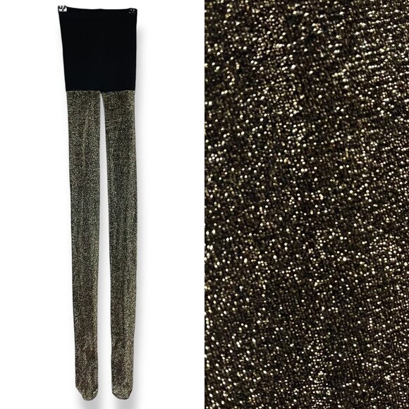 Express Tights Glitter Black Gold Women Sz Medium Large New Years Eve Christmas - Picture 1 of 11